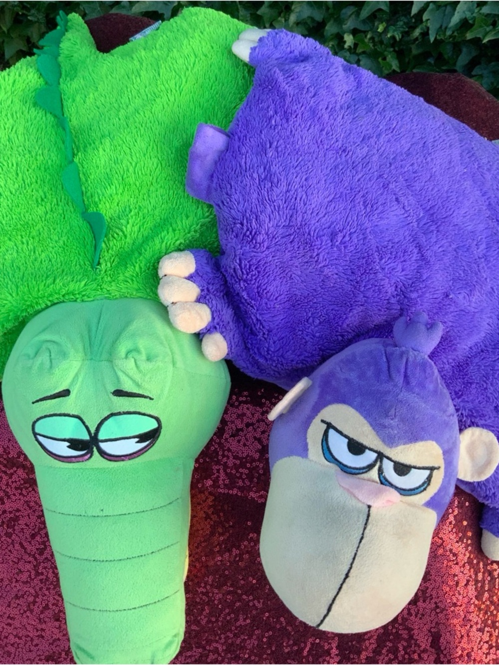 Two Plush Stuffed Animal Duo in Green and Purple - Cute Cartoon Critters